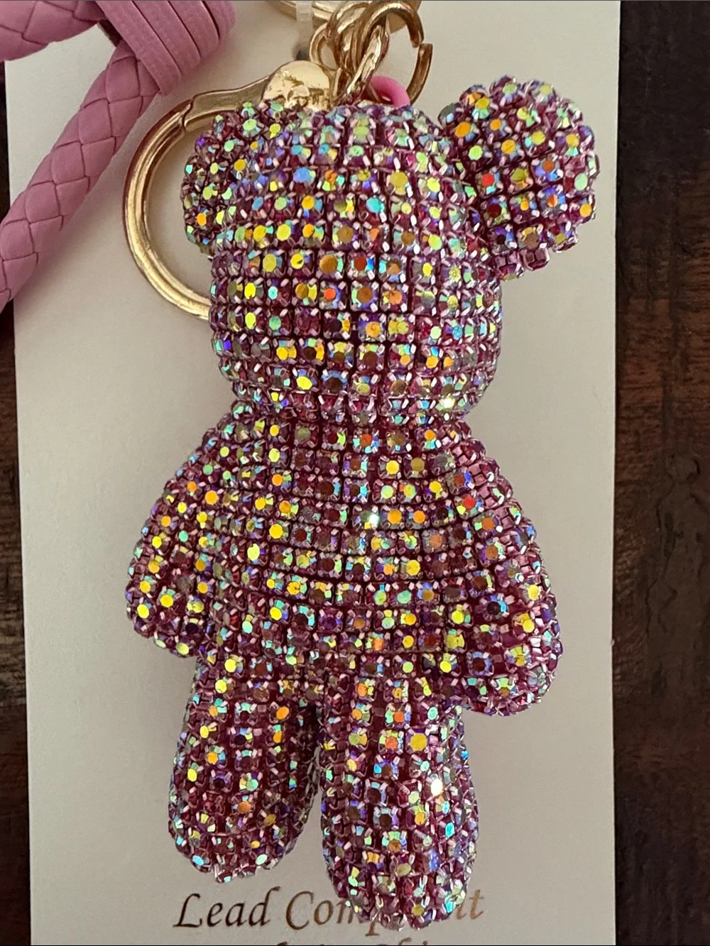 Natasha Couture Pink Crystal Teddy Bear Keyring with Braided Wristlet